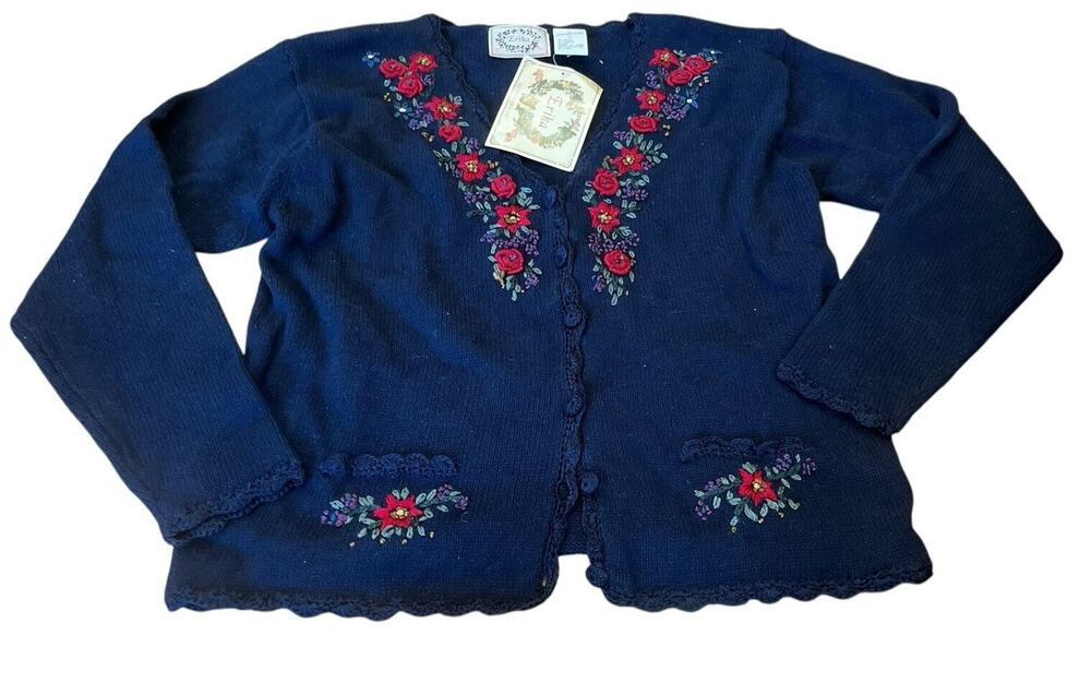 Erika Vintage Embroidered Cardigan Sweater Large NWT Roses 3-D Knots Navy